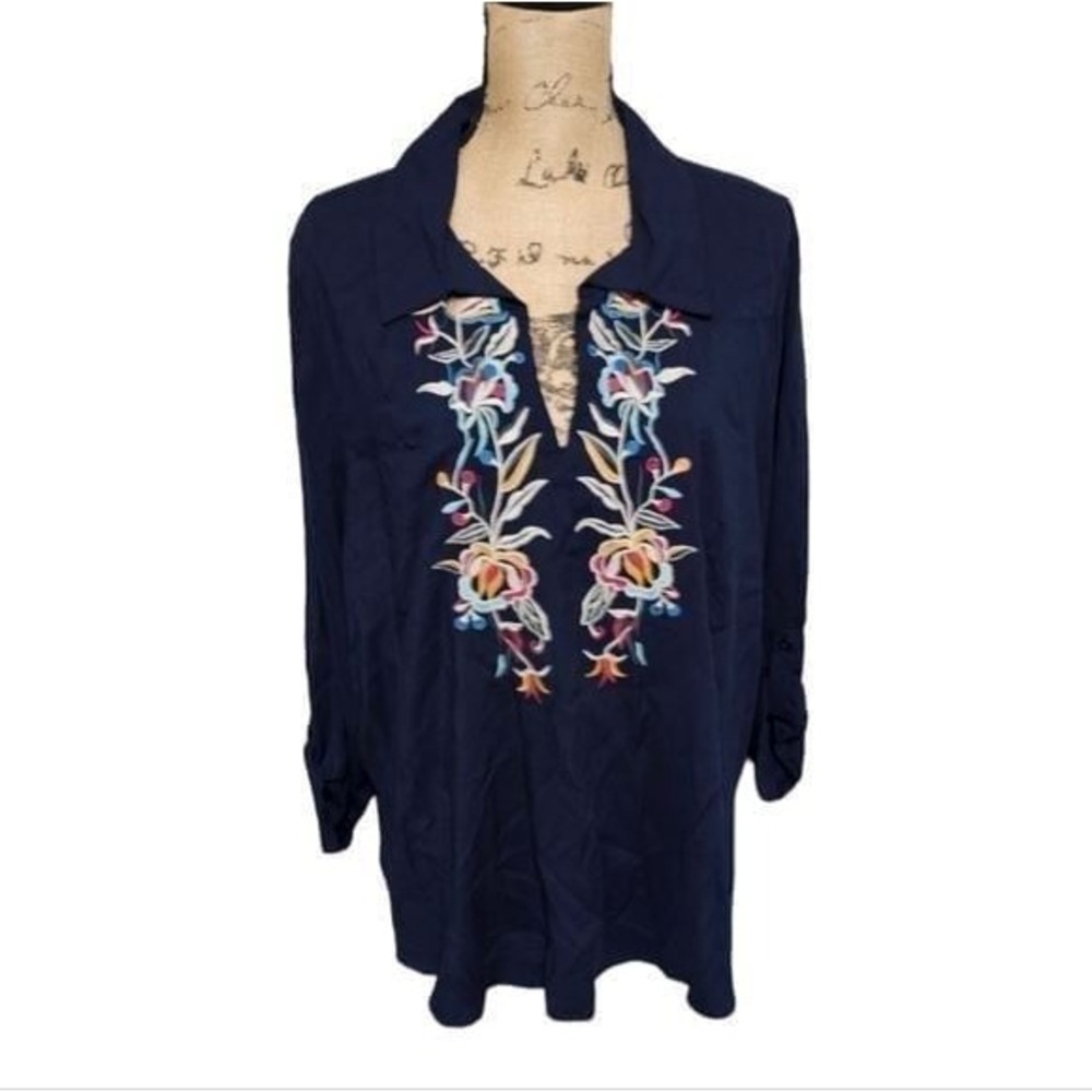 Anthropologie x RD & KOKO Floral Embroidered Roll Tab Sleeve Shirt Plus‎ Size 2X